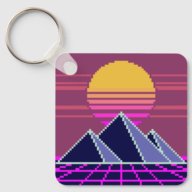 Synthwave sunset over pyramids pixel art nyckelring (Framsida)