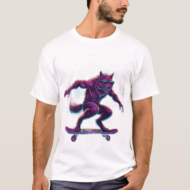 Synthwave Werewolf Skateboarder T Shirt (Framsida)