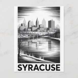 Syracuse New York Siluett Svart Vitt Träsnitt Helg Vykort