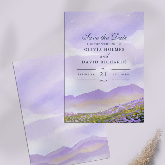 Syren Natt Himmel Berg Fält Spara Datum Inbjudningar (Lilac Night Sky Mountains Fields Save the Date Invitation on a lilac table.)