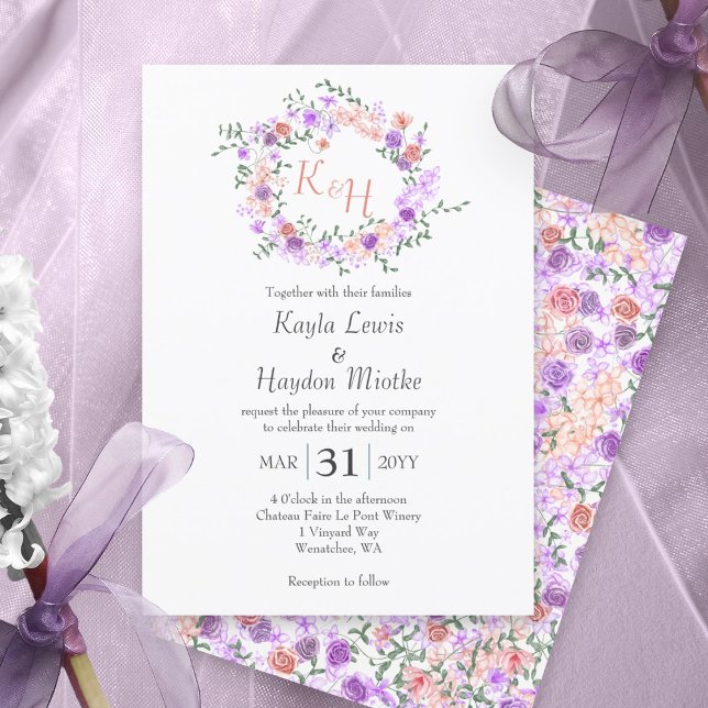 Syren och persikorosa krans bröllop inbjudningar (Lilac purple and peach rose wreath, botanical rose garden wedding invitations, round roses vine)