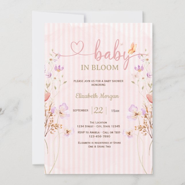 Syren Vilda Blommor Fjärilar Ränder Bebis Bebisfes Inbjudningar (Framsida)