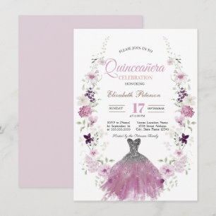 Syren Vilda Blommor Glitter Klänning Quinceanera Inbjudningar