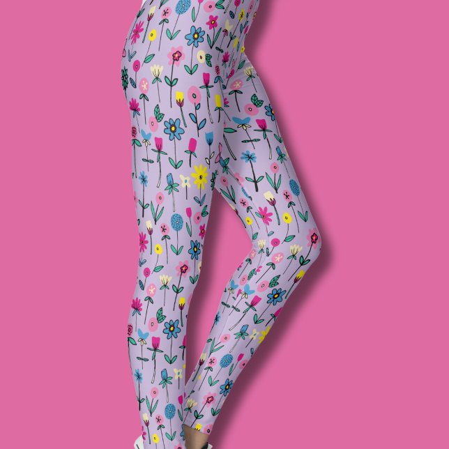 Syren vildblomma fantasifull äng leggings (lilac wildflower hand drawn floral flower garden leggings)