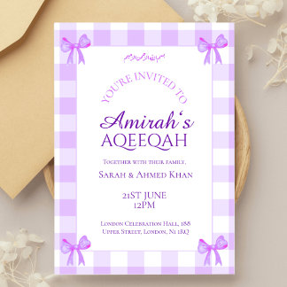 Syren Vit Gingham Babyflicka Muslim Aqeeqah Aqiqa Inbjudningar