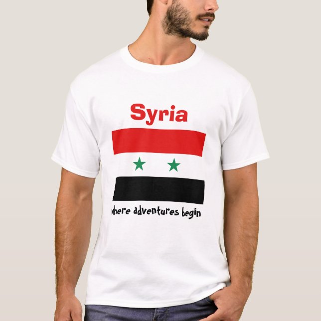Syrien Flagga + Karta + Text T-Shirt (Framsida)
