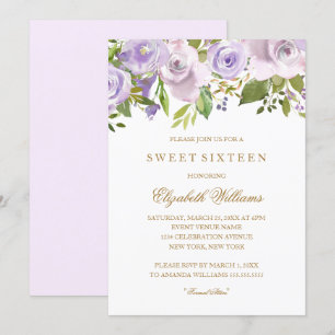 Syrliga lila akvarellblommor Sweet Sixteen Inbjudningar
