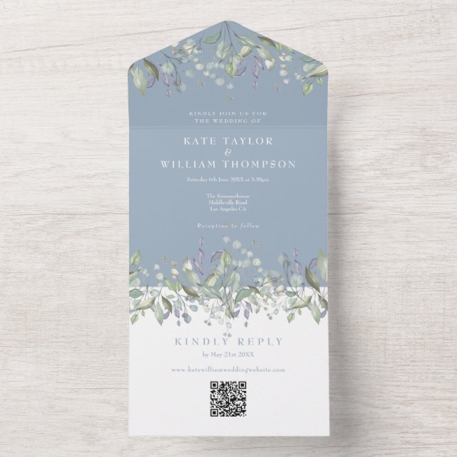 Syrlilja Blommig Dammig Blå Monogram QR-kod Bröllo (Insida)
