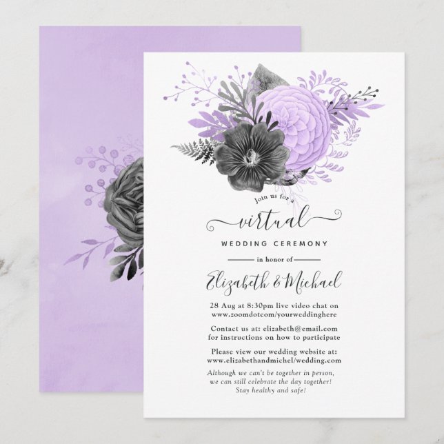 Syrlilja och kolflora virtuellt bröllop online inbjudningar (Fram/baksida)