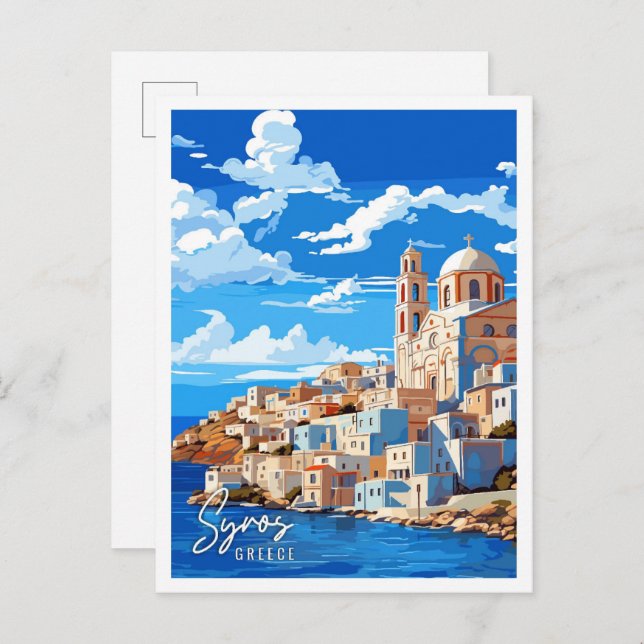 Syros Greece vintage resor illustration Vykort (Fram/baksida)