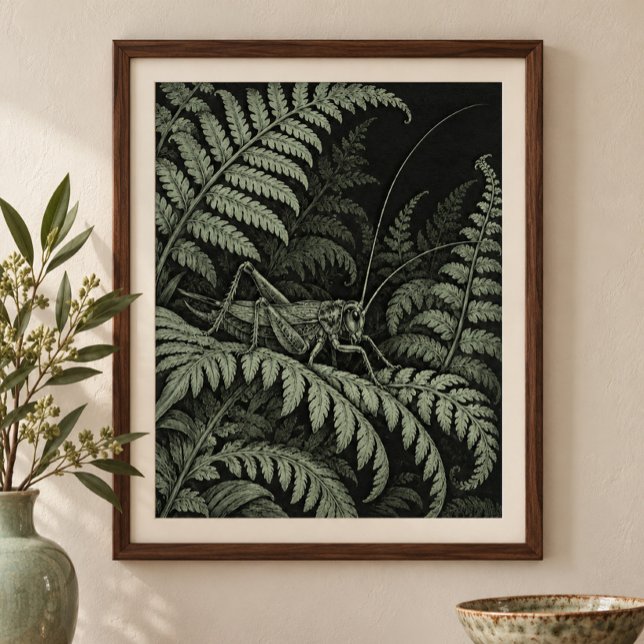 Syrsor i Ferns konsttryck Poster (Styled display of Cricket in the Ferns Art Print. Frame, mat and furnishings shown for illustration; select framing options separately.)