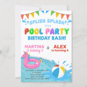 Syskon bassäng party födelsedag, inbjudan, Unicorn Inbjudningar