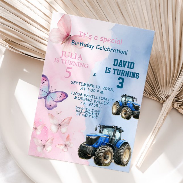 Syskon Butterfly och Tractor Joint Birthday Inbjudningar (Skapare uppladdad)