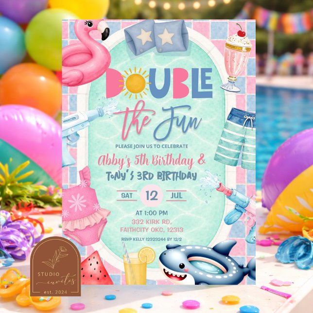 Syskon gemensam pojk pool fest dubbel kul inbjudningar (Skapare uppladdad)