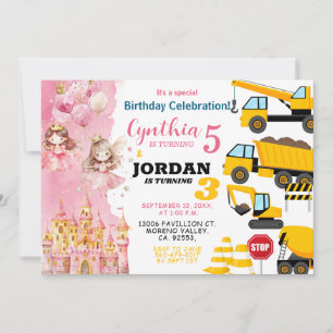 Syskon Princess and Construction Joint Birthday Inbjudningar