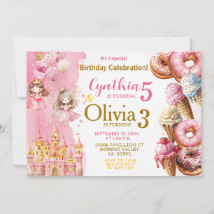 Syskon Princess och Ice Cream Joint Birthday Inbjudningar