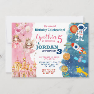 Syskon Princess och Rymden Joint Birthday Inbjudningar