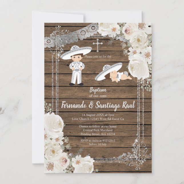 Syskon Silver Fiesta Boy Baptism Birthday Inbjudningar (Framsida)