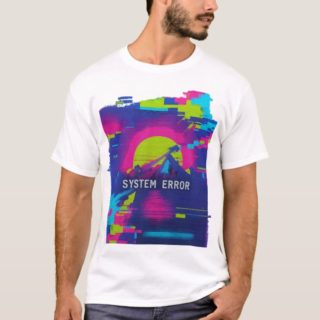 SYSTEM ERROR – Glitch Sunset Mountains T Shirt (Framsida)