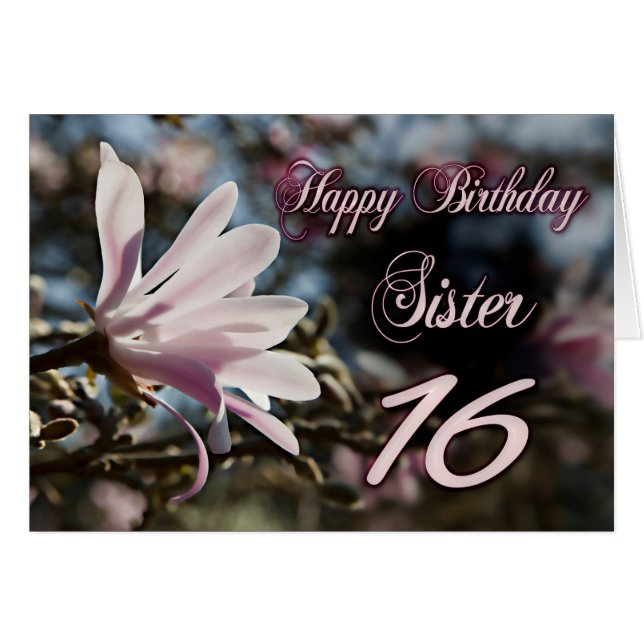 Syster 16:e födelsedag med magnolia hälsningskort (Framsidan Horizontal)