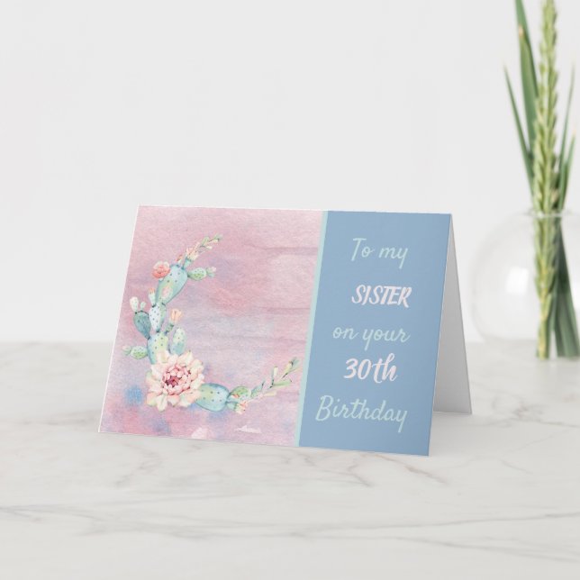 Syster 30års födelsedag Watercolor Cactus Kort (Framsida)