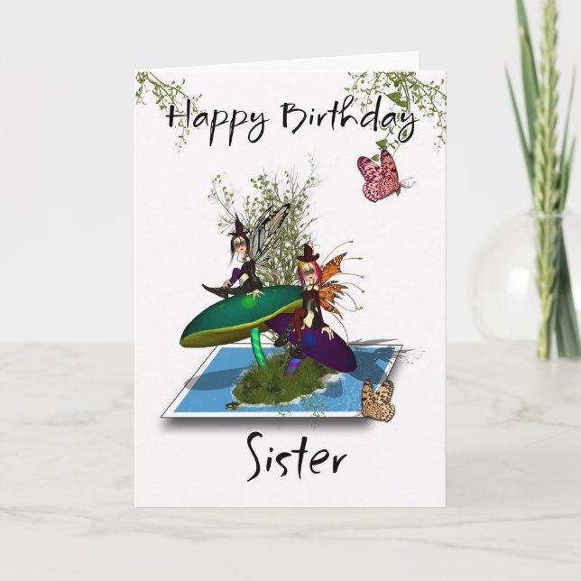 Syster Birthday Card - Cute Gothic Älvors Springi Kort (Framsida)