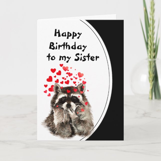 Syster Birthday Hugs & Kisses Raccoon Animal Card Kort (Framsida)