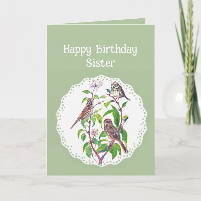 Syster Birthday Sång Sparrows, Cute Birds Card Kort (Framsida)