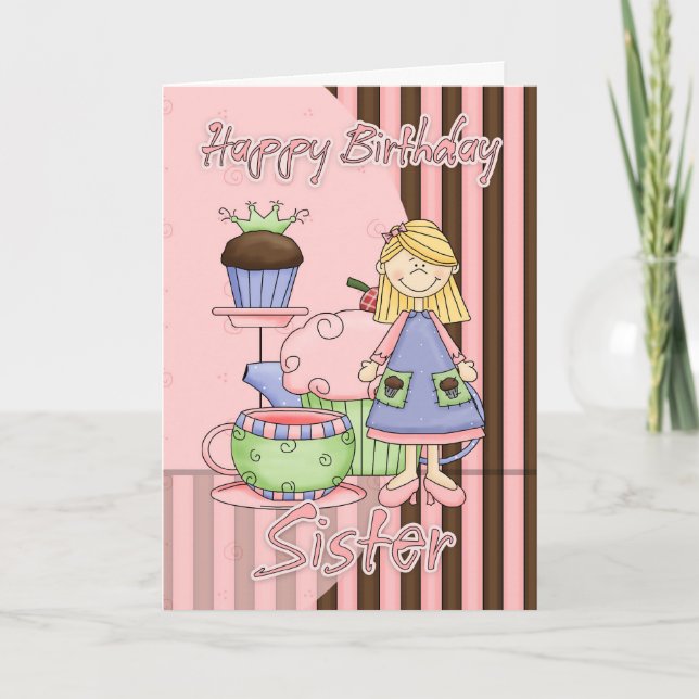 Syster Cute Birday Card - Muffinsar och tea Kort (Framsida)