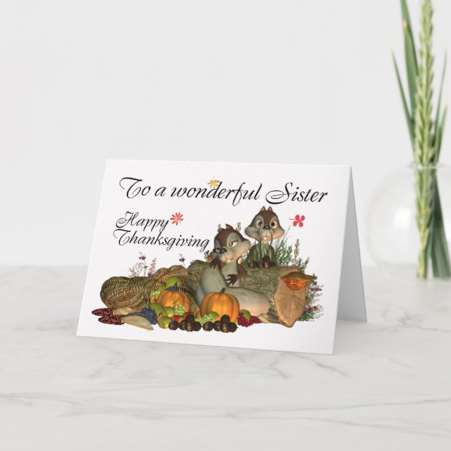 Syster, Cute Thanksgiving Card med Cornucopia, Sq Helgkort (Framsida)