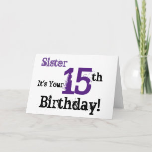 Syster fyller 15 år hälsning i svart, lila. kort