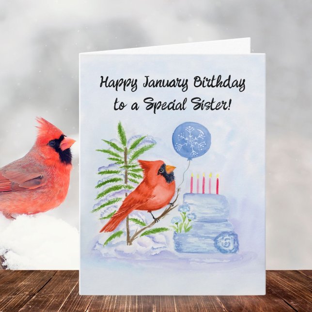 Syster Glad födelsedag i januari Kardinal med tårt Kort (Skapare uppladdad)