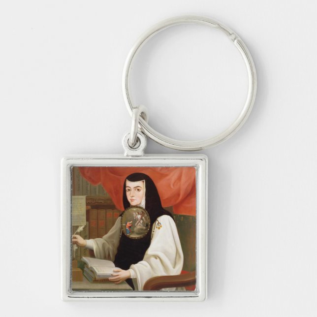 Syster Juana Ines de la Cruz Fyrkantig Silverfärgad Nyckelring (Framsidan)