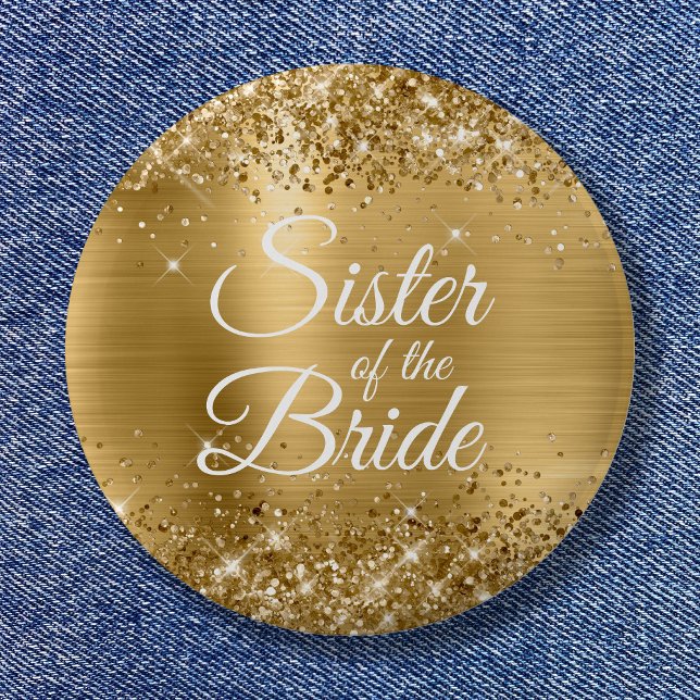Syster på Bride Glittery Gold Foil Knapp (Sister of the Bride Glittery Gold Foil Button)