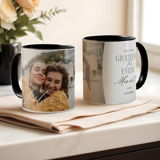 Syster Script Hjärtat tacksamt varje ögonblick av  Mugg (Sister Script Heart Grateful Every Moment Photo Mug)