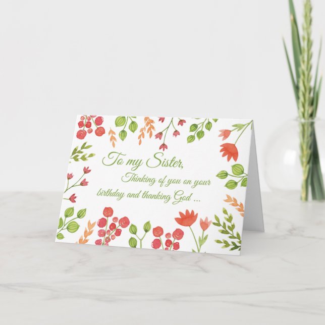 Syster, vattenfärgsblommor Religiösa födelsedag Kort (Framsida)