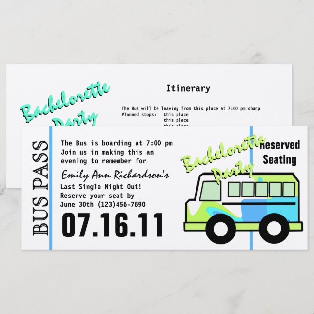 Systerfest Bussbiljett Inbjudningar (Fram/baksida)