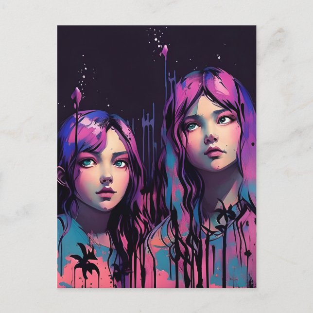 Systrar Med Lila Hår Vykort (Framsida)