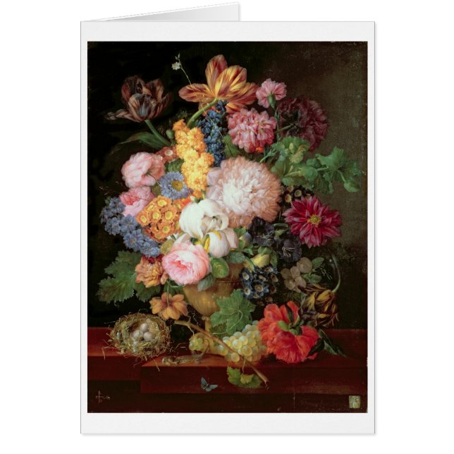 T30763 per stilleben av blommor och frukt hälsningskort (Framsidan)