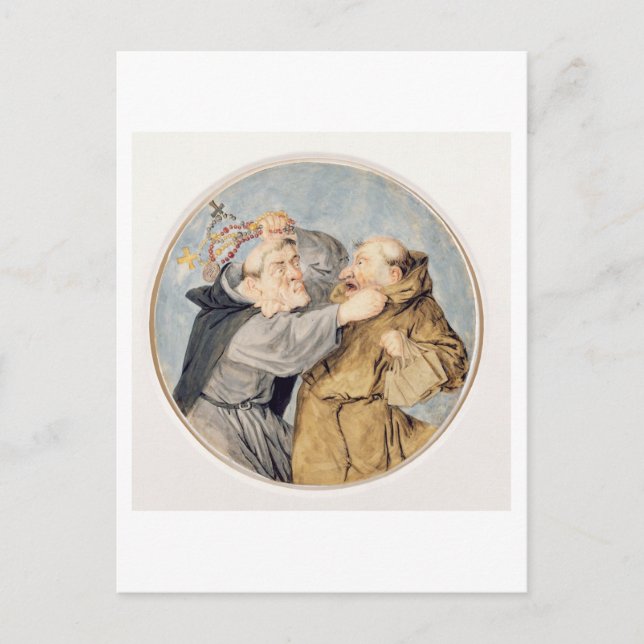 T31130 Två Munk Fighting, 1690 (w/c, bläck, krita) Vykort (Framsida)