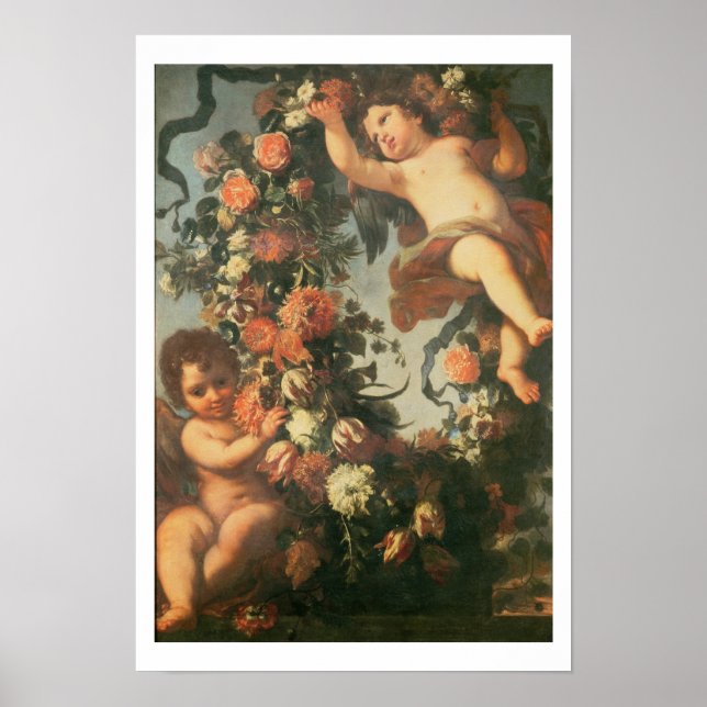 T32714 Två Putti som stödjer en blomsterträdgård Poster (Framsidan)