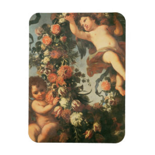 T32714 två understödja Putti en blommagirland Magnet