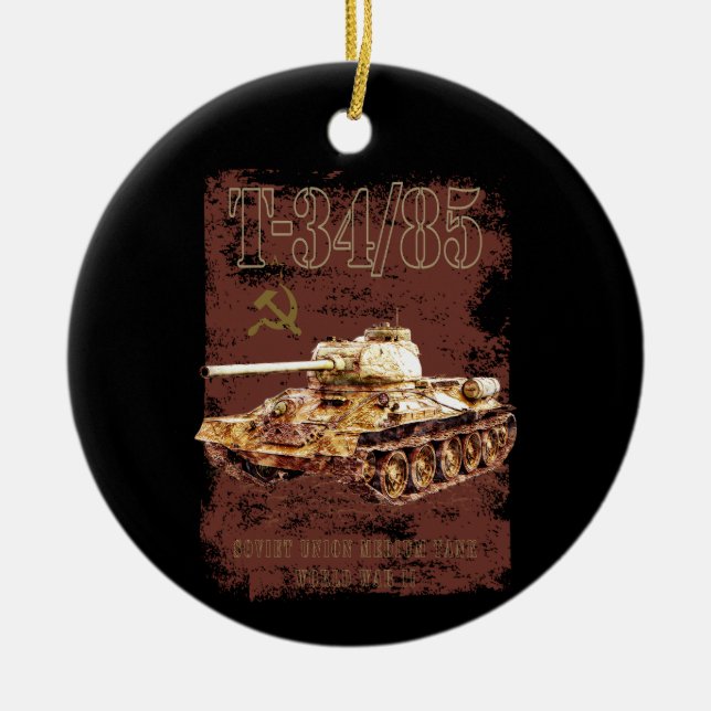 T-34-85 Sovjetunionen Medium Tank of WWII and Flag Julgransprydnad Keramik (Framsidan)