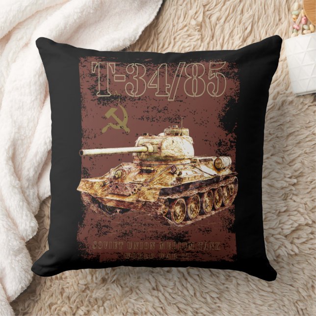 T-34-85 Sovjetunionen Medium Tank of WWII and Flag Kudde (Filt)