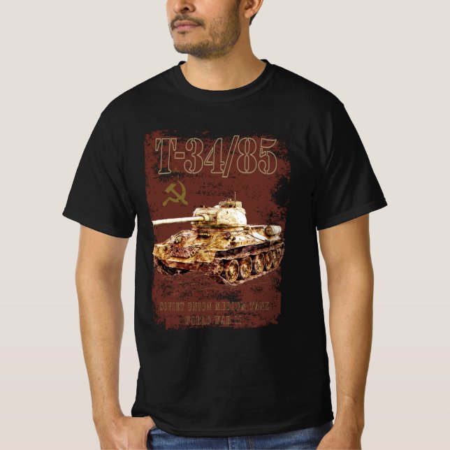 T-34-85 Sovjetunionen Medium Tank of WWII and Flag T Shirt (Framsida)
