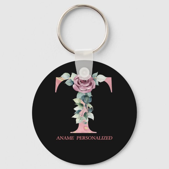 T Blommigt Monogram Namn Brev Rosa Agate Keychain Nyckelring (Framsida)