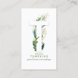 T Brev Monogram Guld Greenery Löv Elegant Visitkort