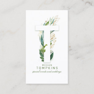 T Brev Monogram Guld Greenery Löv Elegant Visitkort