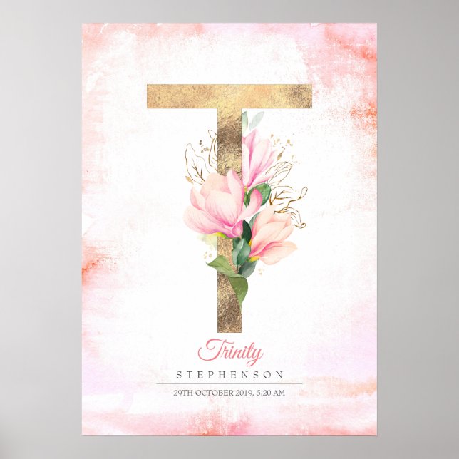 T Brev Monogram Guld Löv Rosa Magnolia Blommigt Poster (Framsidan)
