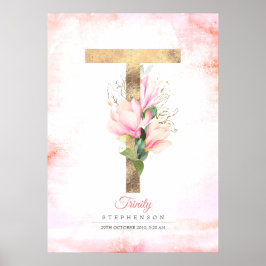T Brev Monogram Guld Löv Rosa Magnolia Blommigt Poster